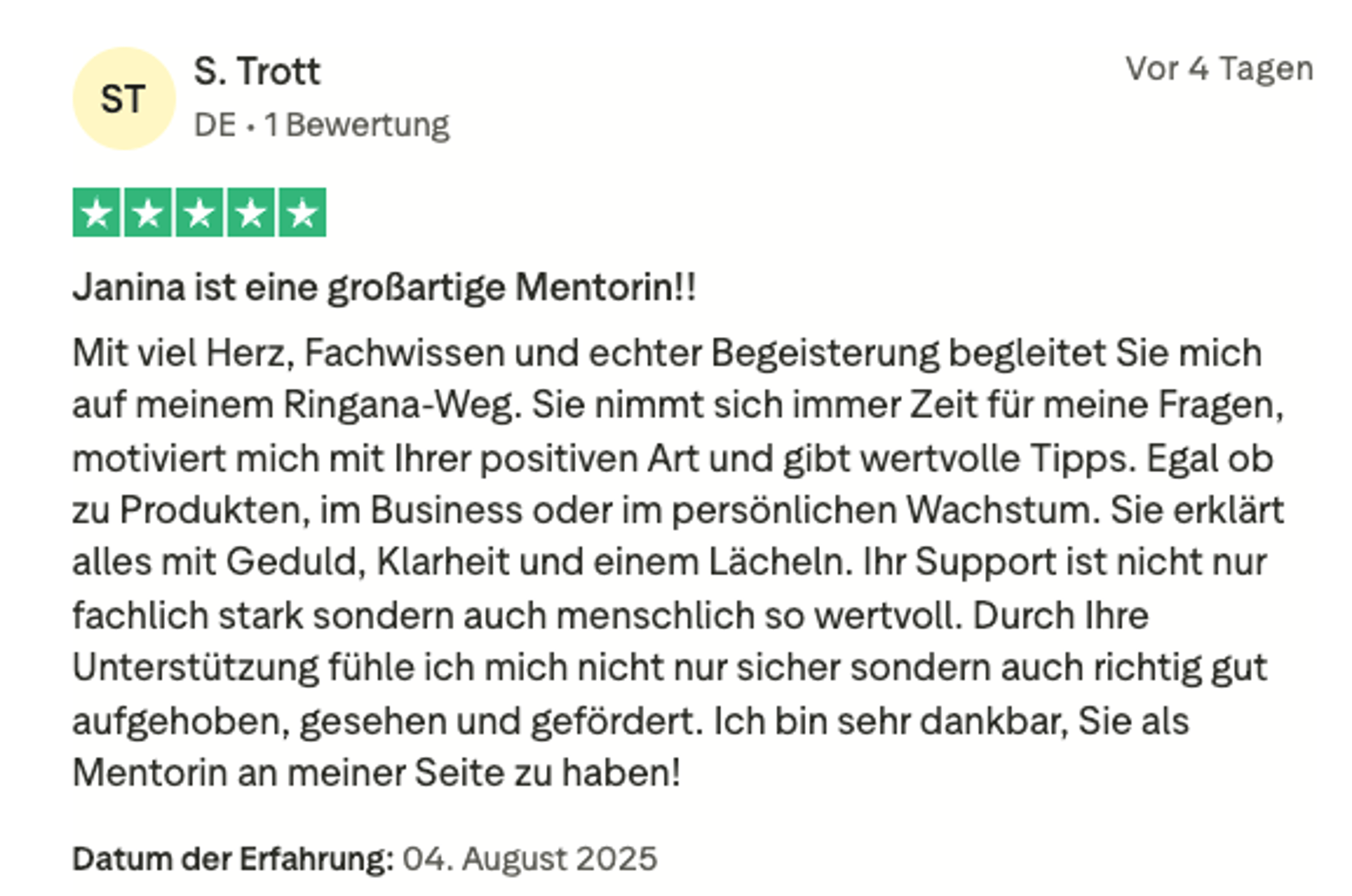 Trustpilot-Bewertung S. Trott – 5 Sterne für Janina Däubel als Ringana-Mentorin