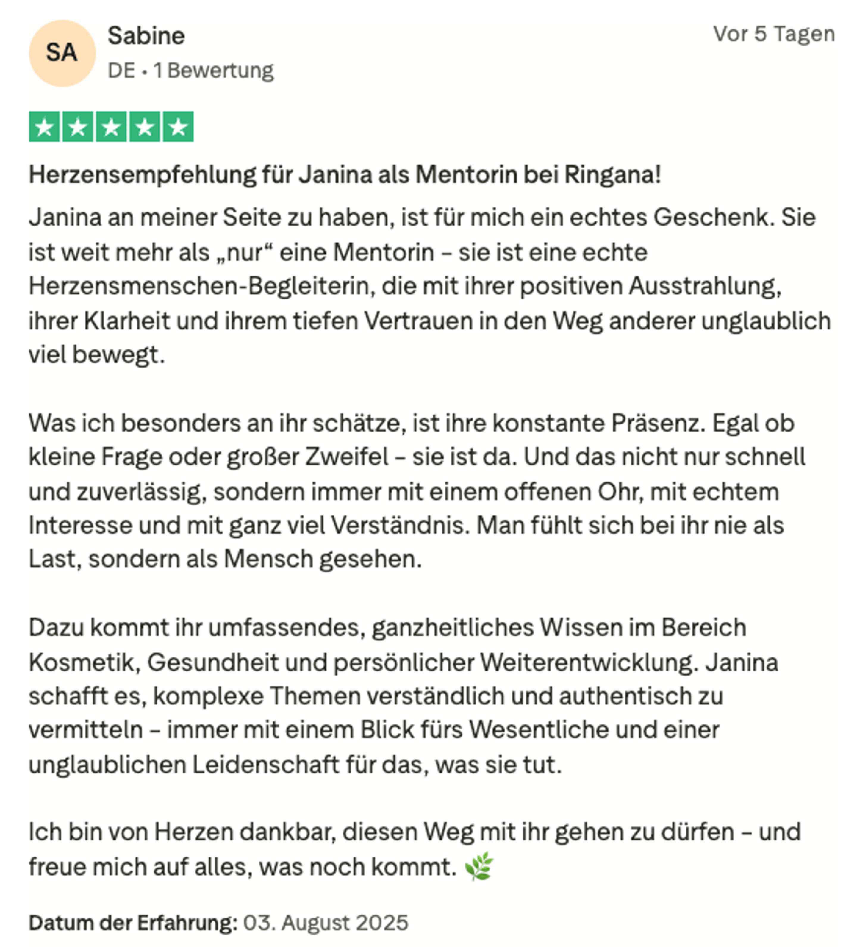 Trustpilot-Bewertung Sabine – 5 Sterne für Janina Däubel als Ringana-Mentorin