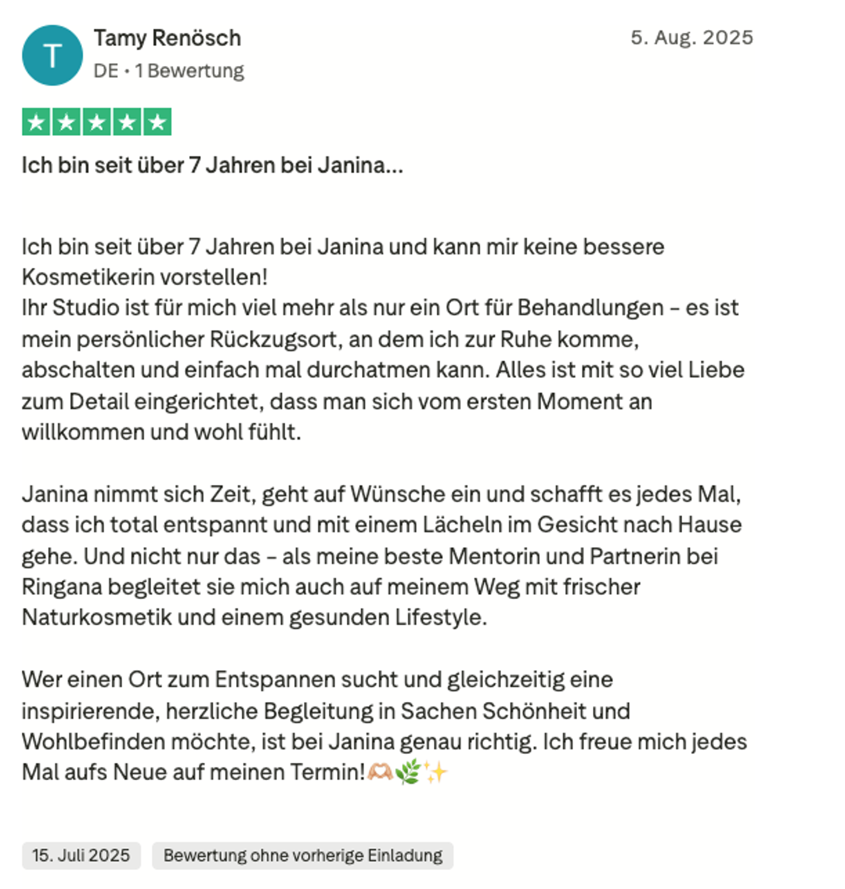 Trustpilot-Bewertung Tamy Renösch – 5 Sterne für Janina Däubel als Ringana-Mentorin