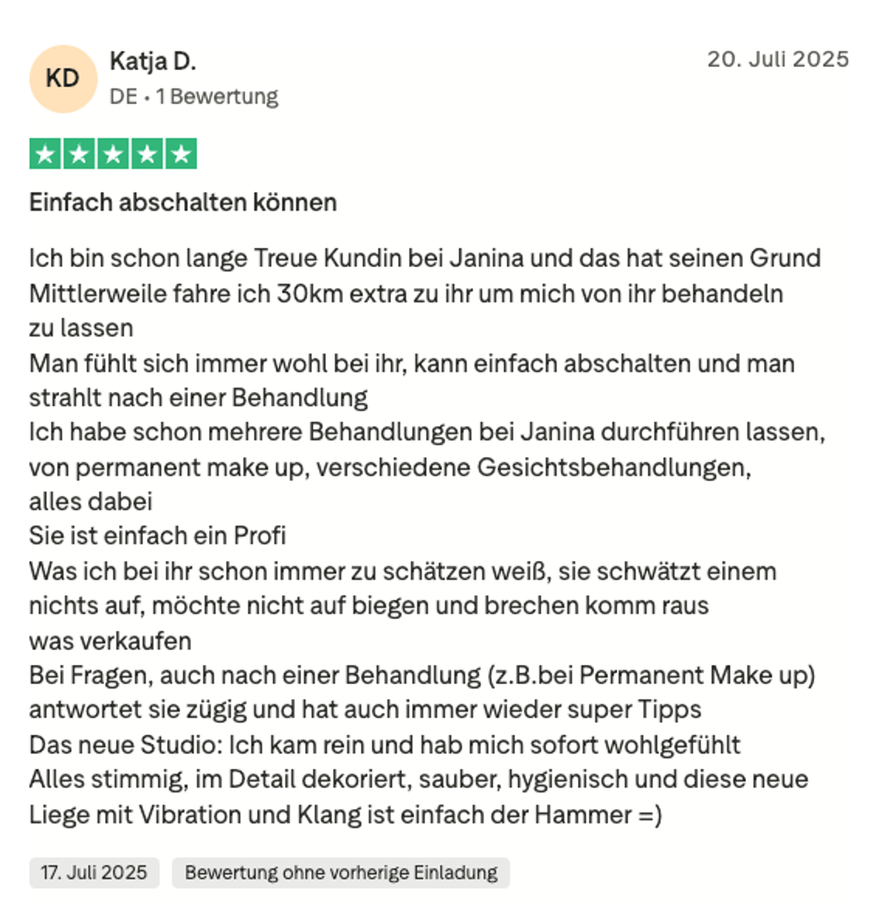 Trustpilot-Bewertung Katja D. – 5 Sterne für Permanent Make-up bei Facettenreich