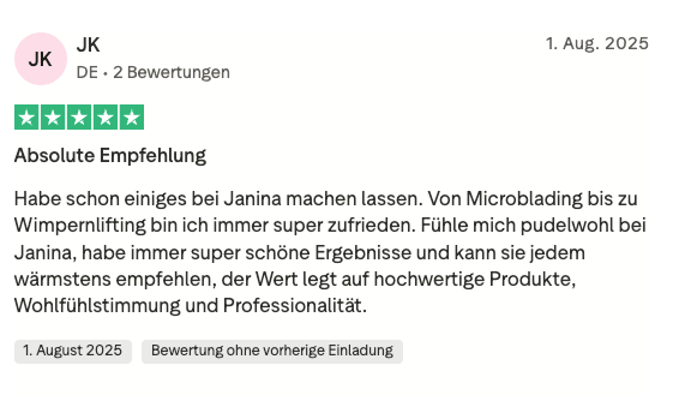 Trustpilot-Bewertung JK – 5 Sterne für Permanent Make-up bei Facettenreich
