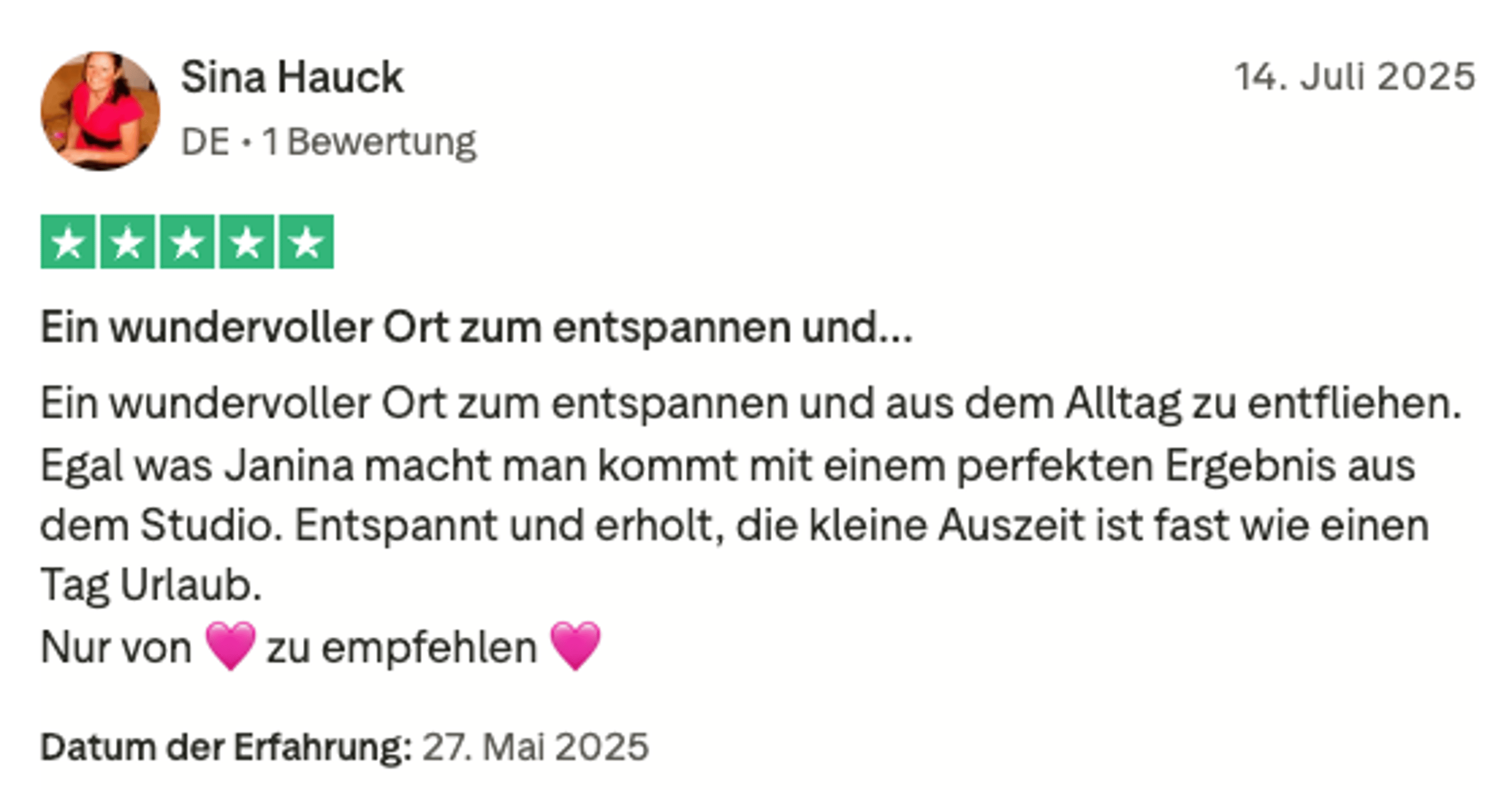 Trustpilot-Bewertung Sina Hauck – 5 Sterne für Facettenreich